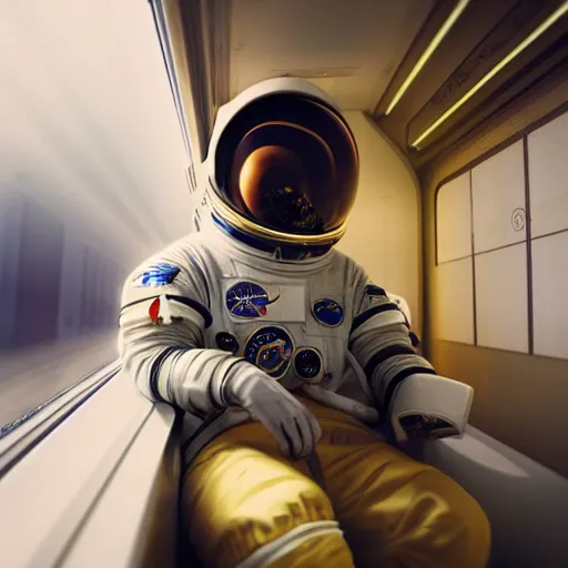 Image similar to a beautiful photo of an astronaut sitting in a train, soft light, morning light, photorealistic, realistic, octane, 8k, cinematic shot