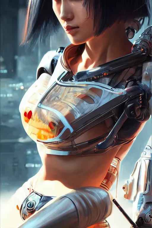 Image similar to Photorealistic illustration, geisha cyborg woman with fashion balanciaga clothe six digital eyes , cyberpunk 2077, sci-fi, futuristic, intricate, elegant, highly detailed, digital painting, artstation, concept art, smooth, sharp focus, art by artgerm, greg rutkowski and alphonse mucha