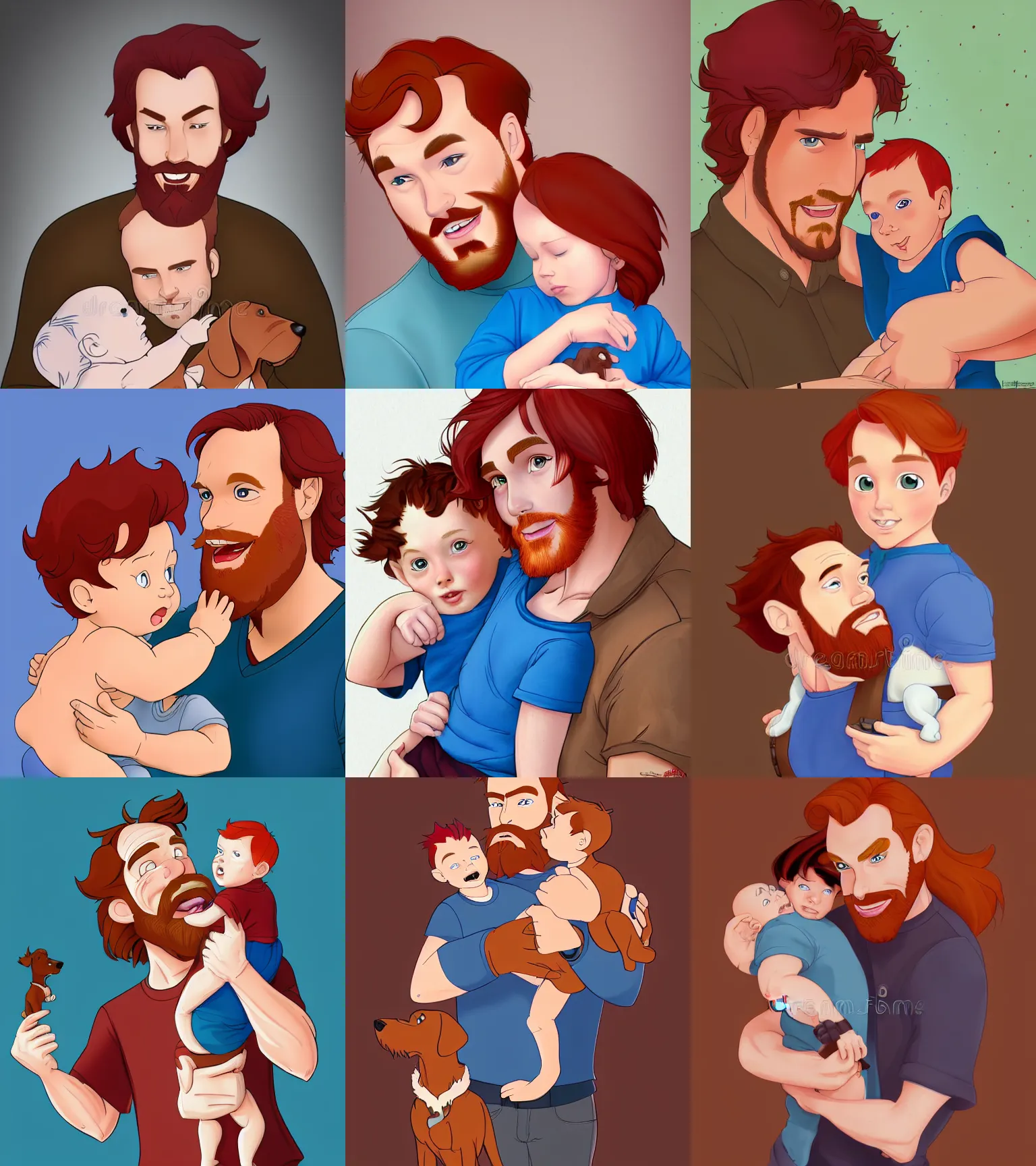 Prompt: a father with red hair, a short red beard and blue eyes with his brown haired infant baby boy with a plott hound in the background full color digital illustration in the style of don bluth, artgerm, artstation trending, 4 k