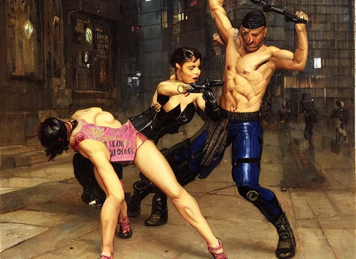 Image similar to Sophia evades sgt Griggs. Cyberpunk karate lady escaping Menacing Cyberpunk police trooper griggs. (dystopian, police state, Cyberpunk 2077, bladerunner 2049). Iranian orientalist portrait by john william waterhouse and Edwin Longsden Long and Theodore Ralli and Nasreddine Dinet, oil on canvas. Cinematic, vivid colors, hyper realism, realistic proportions, dramatic lighting, high detail 4k