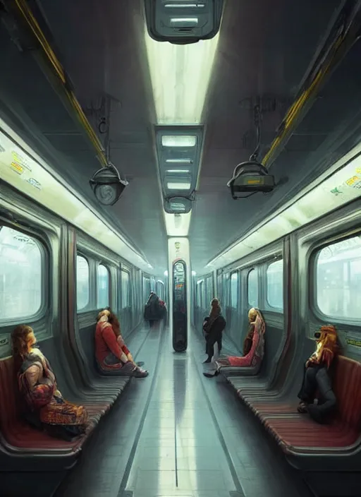 Image similar to perfectly - empty subway train interior, intricate, highly detailed, digital painting, artstation, concept art, smooth, sharp focus, illustration, unreal engine 5, 8 k, art by artgerm and greg rutkowski and alphonse mucha