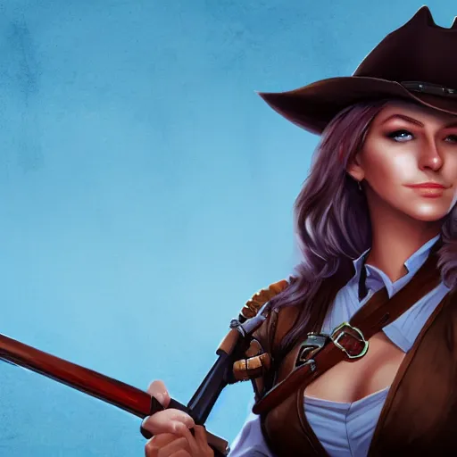 Image similar to full body, female cowgirl, perfect face, long rifle, 8 k, magic the gathering, d & d, artstation