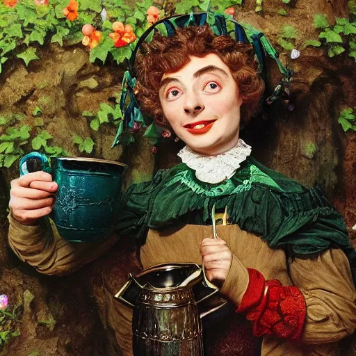 Image similar to 18th century elf princess (Mr. Bean), mouth wide open, is ((drinking a cup of tea)). fantasyconcept art, inspired by John Everett Millais's Ophelia