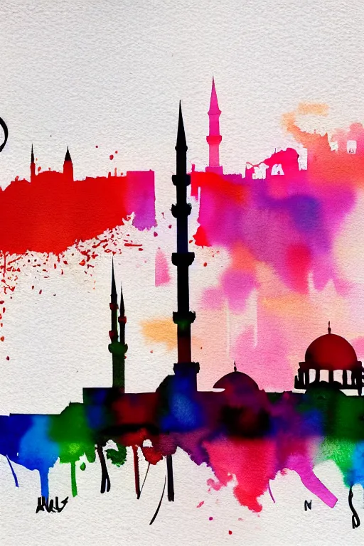 Image similar to minimalist watercolor splash ink art of istanbul skyline