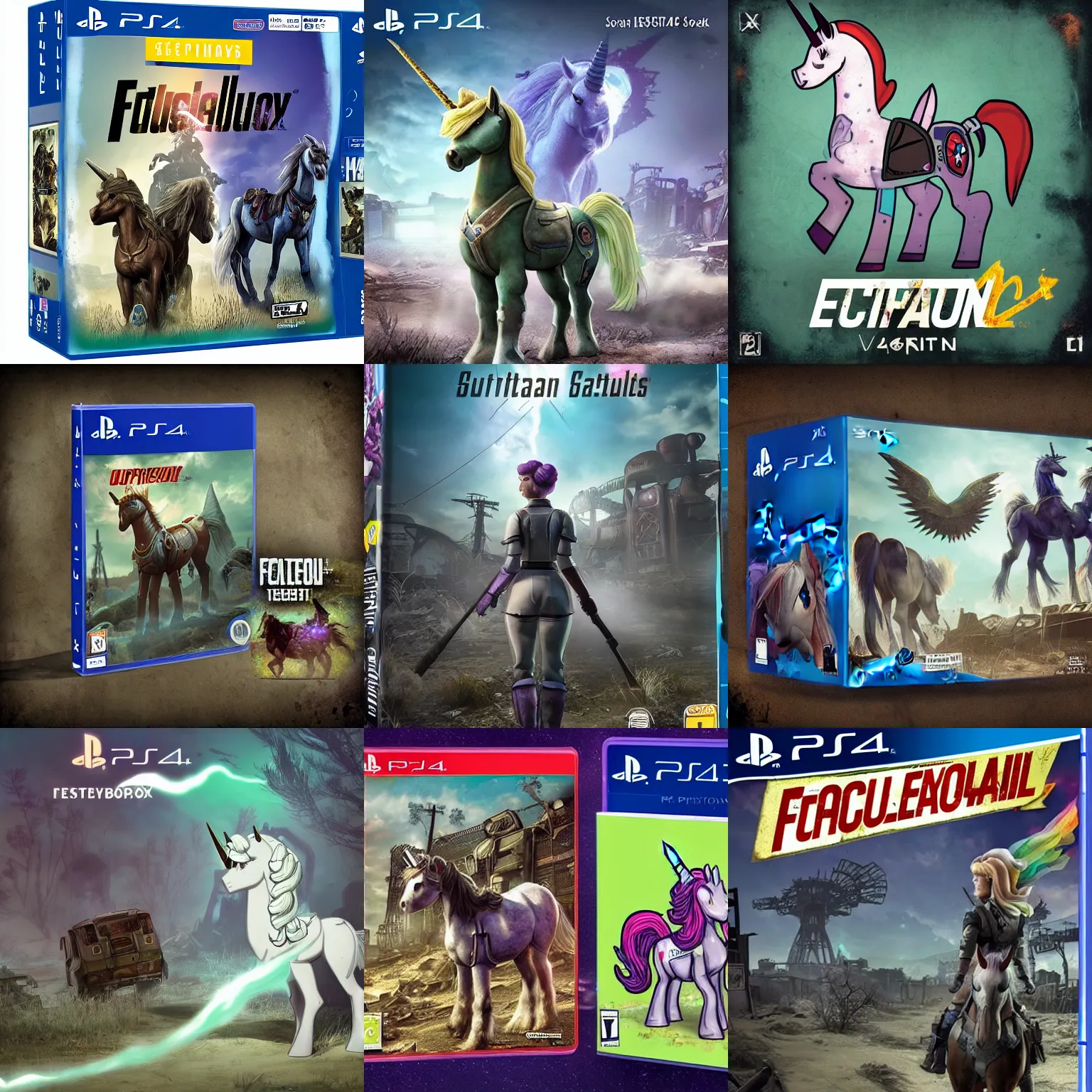 Prompt: ps 4 game box front cover for fallout : equestria | fallout 4 ps 4 cover art white unicorn pony with brown shaggy mane with glowing green magic around her horn looking at the viewer | quadrupedal, epic stark lighting, solo pony portrait in dark abandoned building, trending on derpibooru, 8 k, my little pony : friendship is magic, fallout, crossover