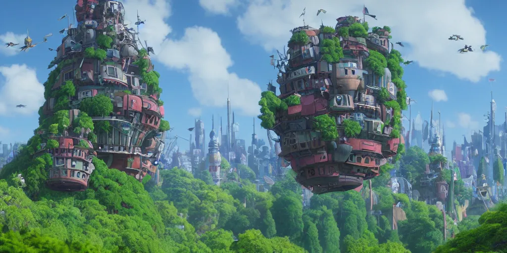 Image similar to future city covered by forest creature, flying, culture, smooth, howl's moving castle, by studio ghibli, makoto shinkai, 4 k, unreal engine