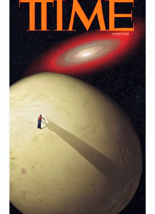 Image similar to the cover of time magazine with a man standing in front of a planet, poster art by Emiliano Ponzi, trending on cg society, private press, sci-fi, elite, cosmic horror