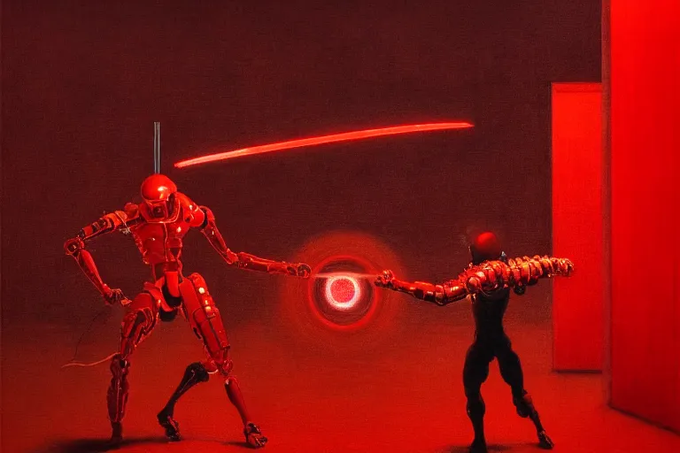 Image similar to only with red, a red cyborg samurai, tokio futuristic in background, some evil yokai fight, in the style of beksinski, parts by edward hopper, parts by rodcenko, parts by yue minjun, intricate and epic composition, red by caravaggio, insanely quality, highly detailed, masterpiece, red light, artstation, 4 k