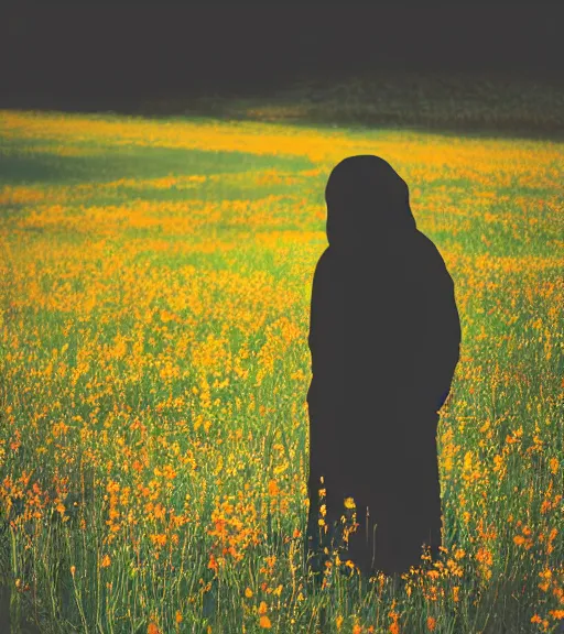 Image similar to tall hooded shadow person figure standing in distance at beautiful meadow of flowers, film photo, grainy, high detail, high resolution