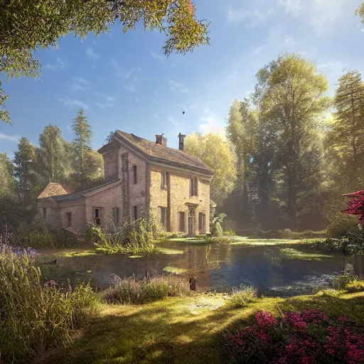 Image similar to a georgian manor house next to a pine forest, with a fishpond and courtyard, blue sky, sunny, detailed, volumetric, cinematic lighting, realistic, digital art by greg rukowski