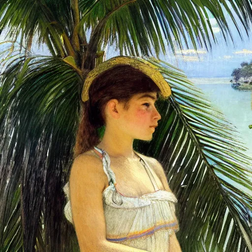 Image similar to a ultradetailed beautiful painting of a girl in the amazonas palace designed by jules bastien - lepage, hans belmer, frank weston and gustave baumann, beach, trending on artstation, mediterranean, palm trees, light sparkles, sharp focus, soft light, 8 k 4 k