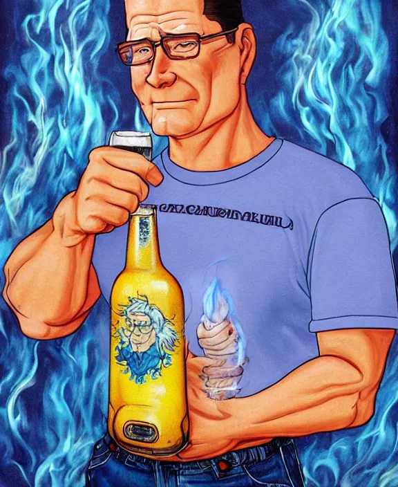 Image similar to hank hill wearing bluejeans and white tshirt, holding a beer, the god of propane, blue flames, propane tanks, magic realism, art by josephine wall, art by mike judge, art by huang guangjian, art by viktoria gavrilenko, art by amanda sage, trending on artstation