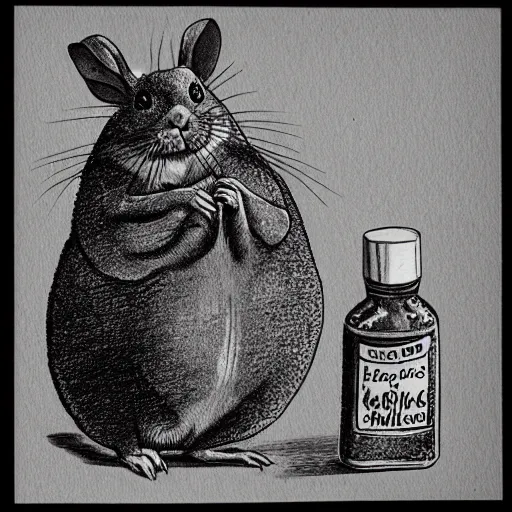 Prompt: a pen and ink drawing of a happy chinchilla excitedly holding aloft a bottle of hot sauce