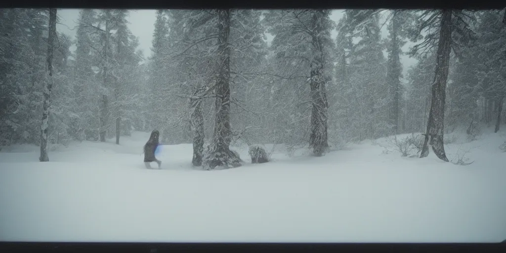 Image similar to photo, bigfoot is hiding in the background, barely able to be seen. cold color temperature, snow storm. hazy atmosphere. humidity haze. kodak ektachrome, greenish expired film, award winning, low contrast