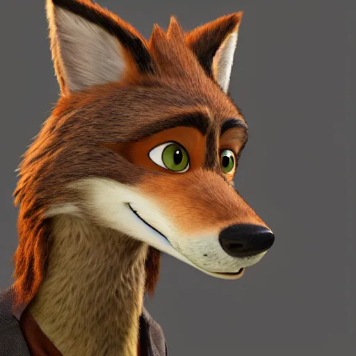 Image similar to portrait, 3 d render, anthropomorphic coyote male, wearing along brown leather maxi coat, in the style of zootopia, highly detailed attributes and atmosphere, dim volumetric cinematic lighting