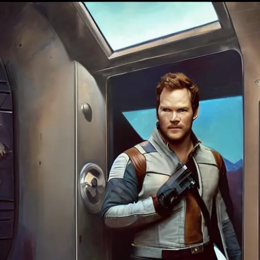 Prompt: the actor chris pratt as star lord posing with the doll chucky from the movie child's play, inside a starship, oil painting, by greg rutkowski