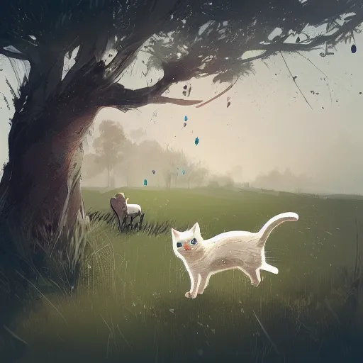 Image similar to A very pretty cat near a tree in the countryside on a windy day by Ismail Inceoglu, cgsociety, mixed media, award winning