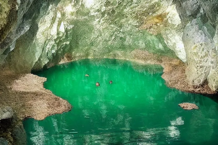 Image similar to an emerald cave inside which is a transparent lake at the bottom of which are sparkling diamonds, and on the shore of the lake are gold nuggets