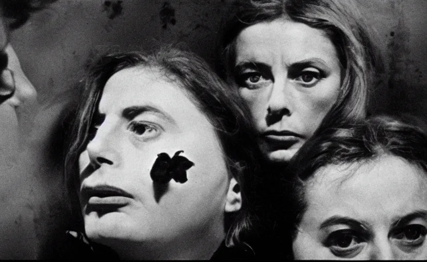 Image similar to ecstasy and metamorphosis, still from an old surrealist black and white movie directed by Jan Svankmajer, Béla Tarr, Ingrid Bergman and Robert Wiene. Dark background, dramatic lighting, detailed, cinematic