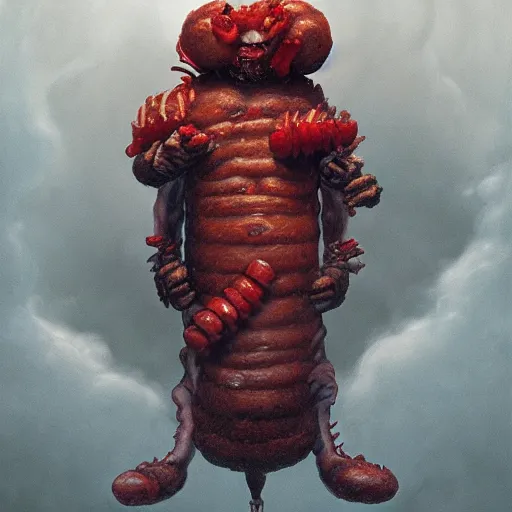 Prompt: photorealistic rendering of demonic hotdog man the style of michael whelan and gustave dore. hyperdetailed photorealism by greg rutkowski, 1 0 8 megapixels, cinematic lighting.