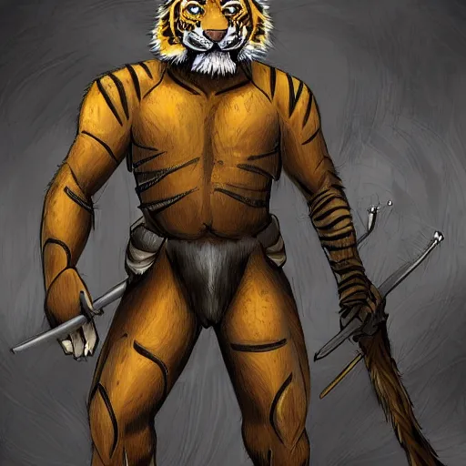 Image similar to !dream a humanoid tiger man with grey fur in full body armor yellow eyes, and grey fur with teeth that protrude past their lower jaw holding rifles