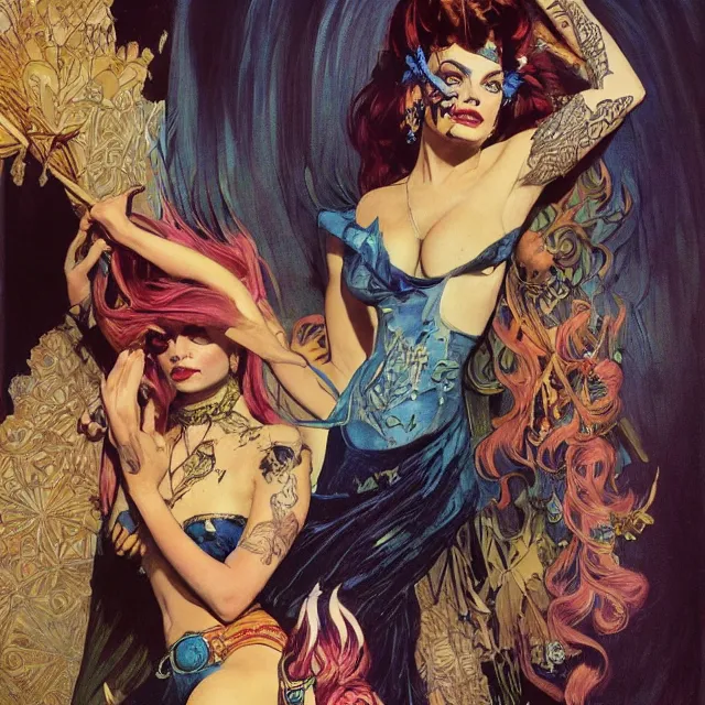 Prompt: an aesthetic!, a detailed portrait of margot robbie dressed as a leather - bound, tattooed, punk - rock princess with a flaming mohawk, by frank frazetta and alphonse mucha, oil on canvas, bright colors, art nouveau, epic composition, dungeons & dragons, fantasy art, concept art, god rays, ray tracing, crisp contour lines, huhd - 8 k