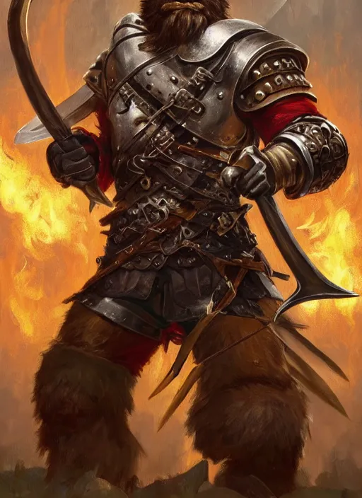 Image similar to strong young man, photorealistic bugbear ranger holding sword, fire magic, black beard, dungeons and dragons, pathfinder, roleplaying game art, hunters gear, jeweled ornate leather and steel armour, concept art, character design on white background, by sargent, norman rockwell, makoto shinkai, kim jung giu, artstation trending, poster art, colours red and green