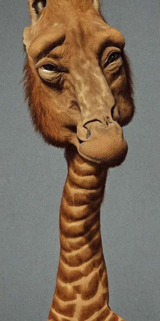 Image similar to soldier with the head of a giraffe and the body of an orangutan