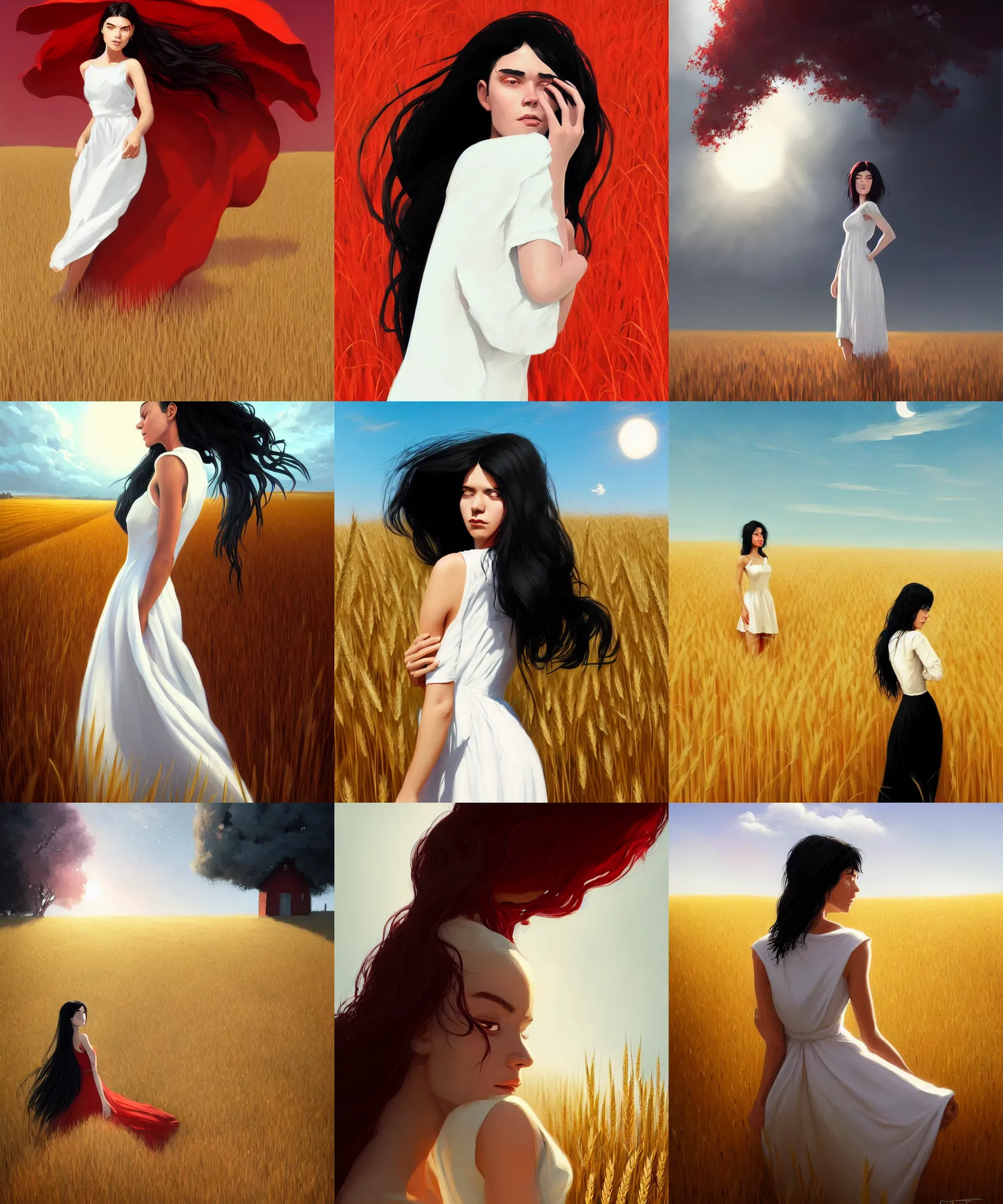 Prompt: young woman with black hair in a white dress hiding! herself from the sun in the shadow! of a red cottage! in a wheat crop. sharp focus, detailed, realistic, smooth, illustration, elegant, wide angle, trending on artstation. art by eddie mendoza, ( anato finnstark ), and ( randy vargas ).
