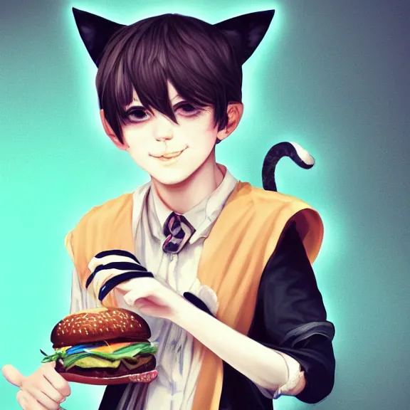 Prompt: blushing emo boy with cat ears and tail eating burger, fantasy artwork, award winning, hyper detailed, very very very very very very very very very very very very very very very very very beautiful, studio lighting, artstation