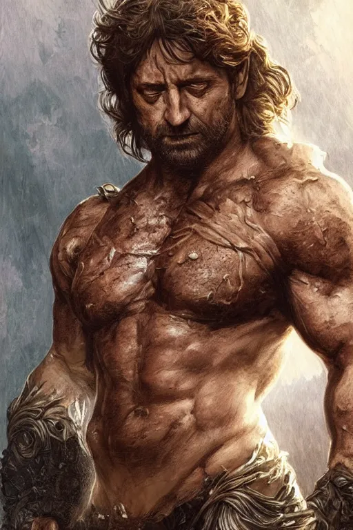 Image similar to portrait of gerard butler as a hulking herculean demon, forest, godlike, full body, fantasy, intricate, elegant, highly detailed, digital painting, artstation, concept art, sharp focus, illustration, art by artgerm and greg rutkowski and alphonse mucha