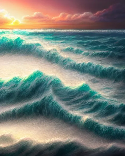 Prompt: sea with very big waves crashing to shore, sunset, hyper realistic, artstation, illustration, nicoletta ceccoli, mark ryden, lostfish, dan decarlo, bob clampett, max fleischer, digital paint, matte paint, vivid colors, detailed and intricate environment