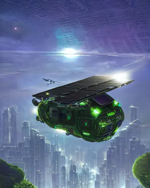 Prompt: solarpunk vehicle above a city, scifi, futuristic, bright light, highly detailed, concept art, green plants, research complex, school, drones, solar panels, flowers, utopia, sharp focus, trending on artstation, intricate, atmosphere, raining, art by roman makarenko, dzung phung dinh