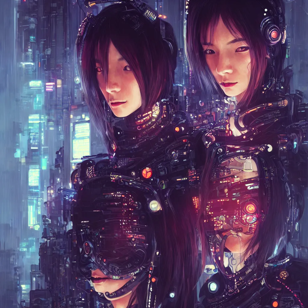 Image similar to portrait of a female cyberpunk hacker samurai in neotokyo at night, futuristic cyberpunk tokyo night, sci - fi and fantasy, intricate and very beautiful, highly detailed, digital painting, artstation, concept art, smooth and sharp focus, illustration, art by tian zi and wlop and alphonse mucha