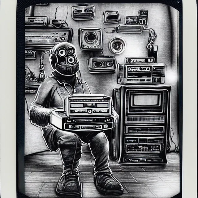 Image similar to a polaroid portrait of an anthropomorphic cyberpunk bigfoot dj at the turntables spinning records, detailed render, tape deck, boombox, headphones, epic composition, cybernetics, 4 k realistic, cryengine, realistic shaded lighting, sharp focus, masterpiece, by matteo scalera, gary montalbano, peter elson in the style of the tokyo ghost comic