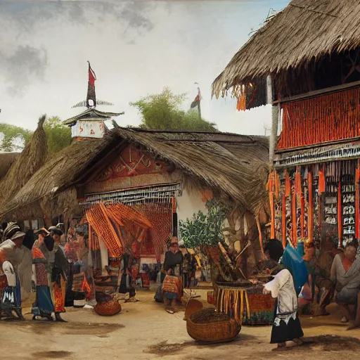 Image similar to architectural painting of Indonesian Maori Tlingit bazaar, by Bruegel and Greg Rutkowski and Nathan Jackson