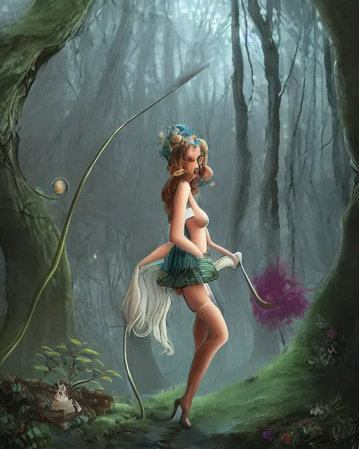 Prompt: A sexy maid in a magical forest, fantasy art, in the style of Frank Neidhardt, illustration, epic, fantasy, intricate, highly detailed, artstation, concept art, smooth, sharp focus