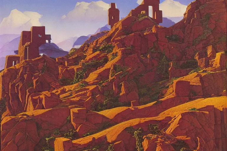 Image similar to ancient temple on a mountainside at dawn | by Paul O. Zelinsky and Maxfield Parrish and Nicholas Roerich and Donato Giancola | ornate carvings| climbing vines| rich color | dramatic cinematic lighting | extremely clear and detailed