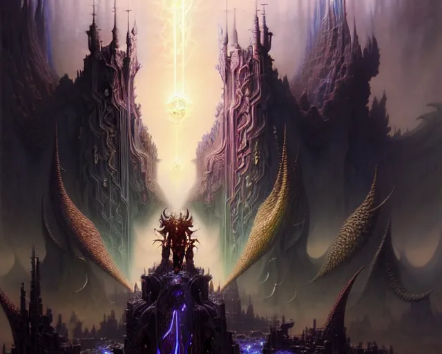 Image similar to the stronghold of evil, fantasy character portrait made of fractals facing each other, ultra realistic, wide angle, intricate details, the fifth element artifacts, highly detailed by peter mohrbacher, hajime sorayama, wayne barlowe, boris vallejo, aaron horkey, gaston bussiere, craig mullins