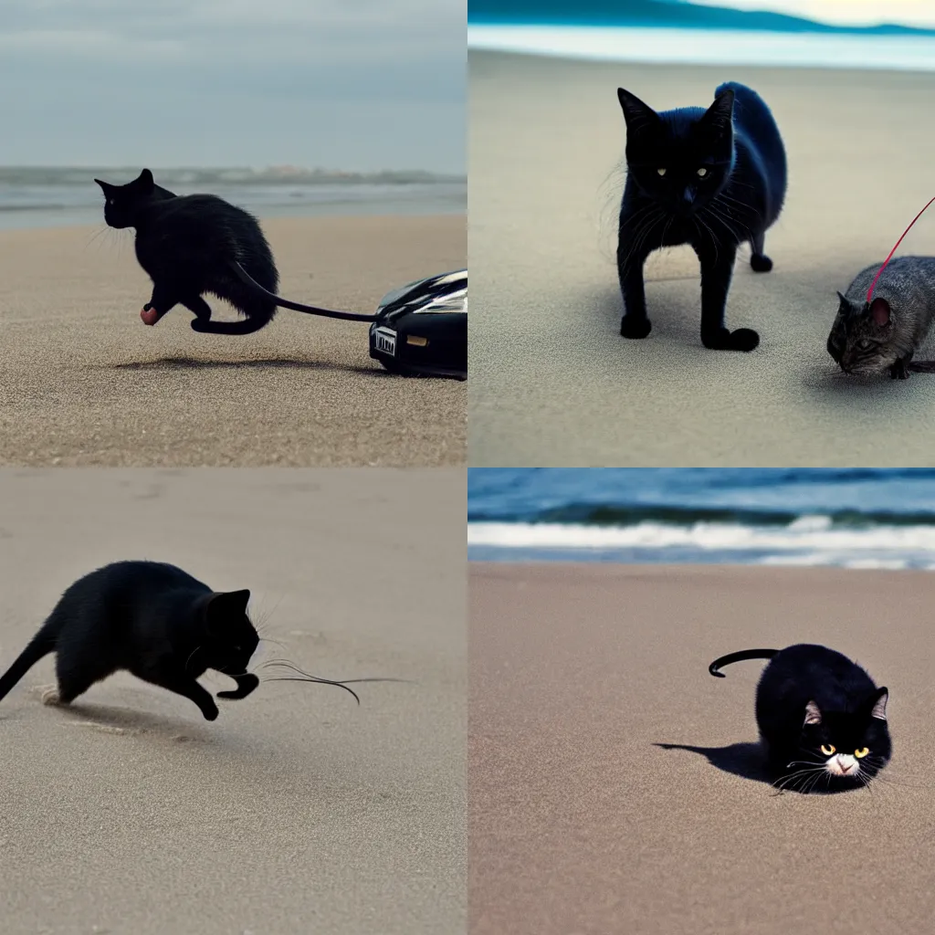 Prompt: cat in full black suit chasing a mouse in a sports car on the beach