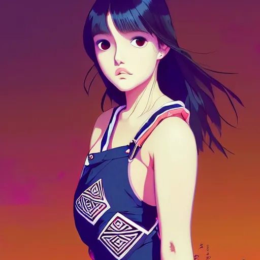 Image similar to a beautiful plus sized model japanese natalie portman, alluring plus sized model, wearing mayan leotard with overalls, street fashion hip hop style with mayan patterns, aztec street fashion, gapmoe yandere grimdark, trending on pixiv fanbox, painted by greg rutkowski makoto shinkai takashi takeuchi studio ghibli, akihiko yoshida