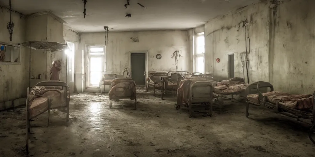 Prompt: depressing soviet hospital ward, demonic doctors, movie still, mad max film, low - key light, wide shot