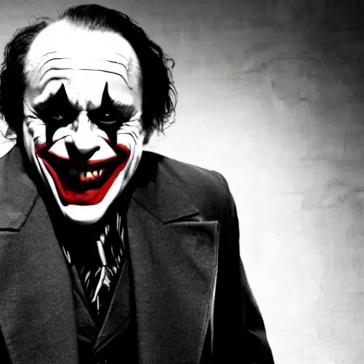 Image similar to Danny Devito as The Joker, still image from Batman movie, shot of face