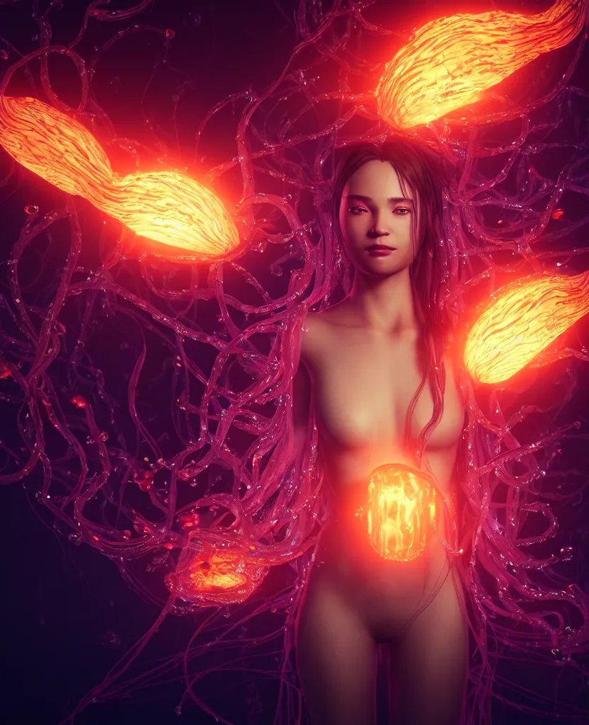 Image similar to close-up portrait of a beautiful girl floating in ethereum surrounded by floating jellyfish, energy flows of fire and water, flashes of plasma, 3d with depth of field, blurred background, a highly detailed epic cinematic concept art CG render. made in Maya, Blender and Photoshop, octane render, excellent composition, cinematic dystopian brutalist atmosphere, dynamic dramatic cinematic lighting, aesthetic, very inspirational, arthouse. y Greg Rutkowski, Ilya Kuvshinov, WLOP, Stanley Artgerm Lau, Ruan Jia and Fenghua Zhong