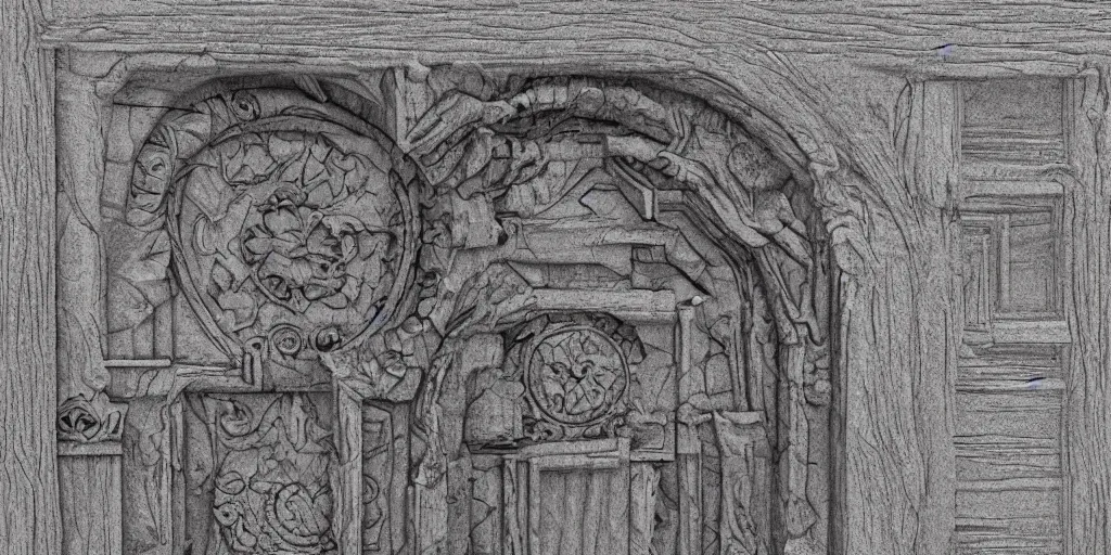 Image similar to 3 d render of a mystical door, ultra detailed with carved stone