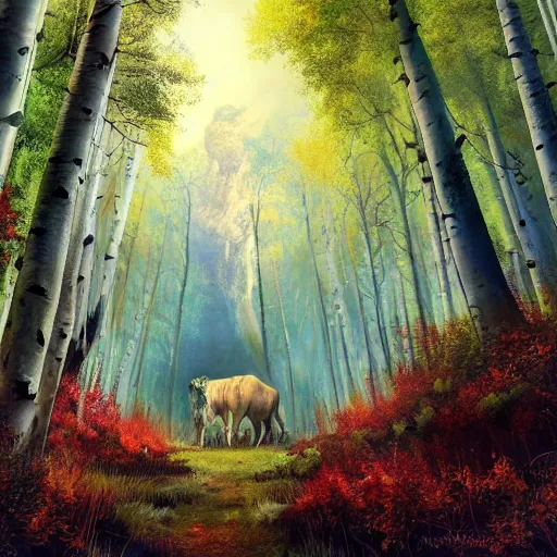 Prompt: a large beast walking through a lush aspen forest. dark color, ultra wide angle, panoramic, fish eye, colorfull painting, centered, front, horizon, outline, detailed, art by stephan martiniere, 4 k resolution