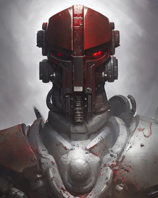 Image similar to hyper realistic portrait of heroic warhammer android head, cinematic, chaos marine, khorne artstation, cgsociety, full head and shoulders, greg rutkowski, james gurney, mignola, craig mullins, brom