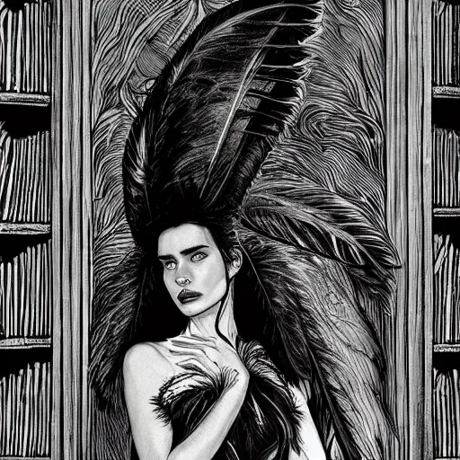 Prompt: young jennifer connelly as innocent tired sick sad inhuman gothic beauty with black feathers instead of hair, gray - skinned, black hands tipped with black claws, feathers growing out of skin, moulting, black cloak, sitting in elaborate wheelchair, in opulent library, romantic, comic book cover, vivid, beautiful, dreamy, illustration, highly detailed, rough paper, dark, oil painting