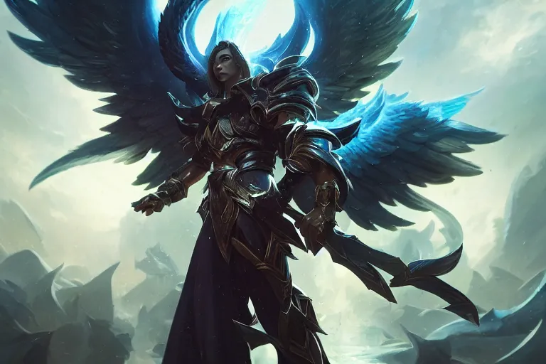 Image similar to amazing portrait of archangel micheal, league of legends splash art, deiv calviz, splash art, natural light, elegant, intricate, fantasy, atmospheric lighting, by greg rutkowski, league of legends splash art, hd wallpaper, ultra high details