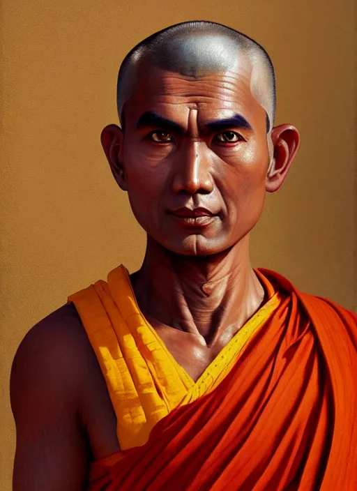 Image similar to smart sri lanka buddhist monk, closeup portrait, without eyebrows, historical hero, ethnic group, tai costume, background is sukhothai temple, intricate, elegant, loin cloth, highly detailed, oil painting, artstation, concept art, matte, sharp focus, illustration, hearthstone, art by earl norem
